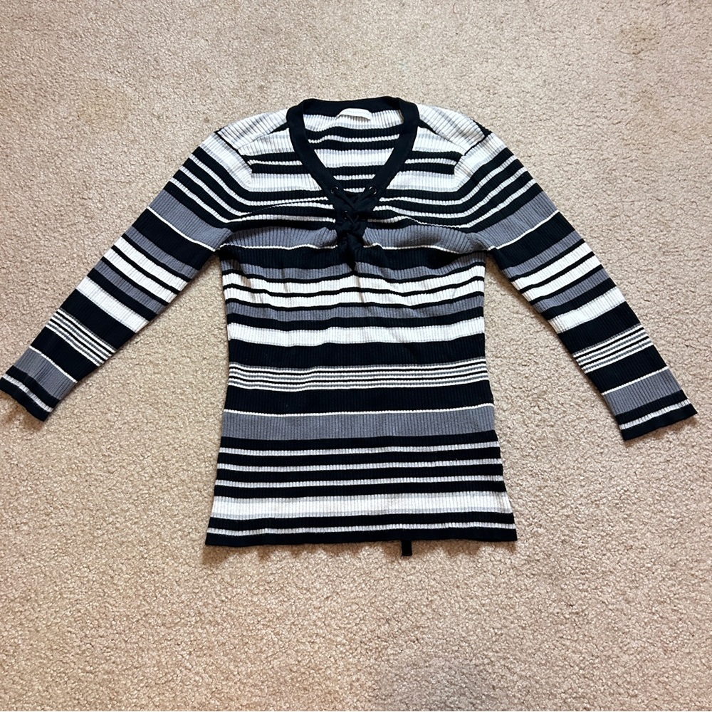 New York & Company Black and White Striped Blouse